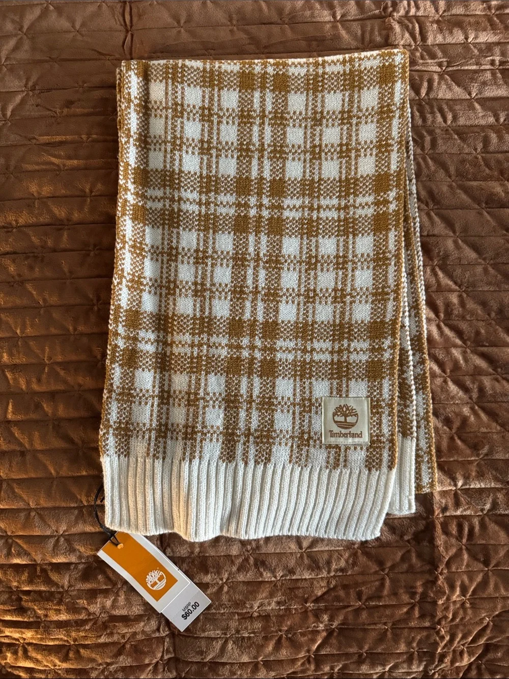 NWT Timberland Cream and Camel Plaid Knit Scarf
